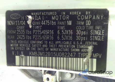 2005 Hyundai Tucson Gl из США, поврежденный, VIN KM8JM12B15U082247